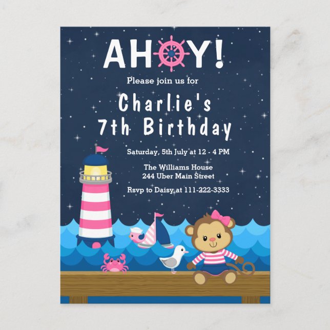 Nautical Girl Monkey Pink and Navy Birthday Party Postcard (Front)