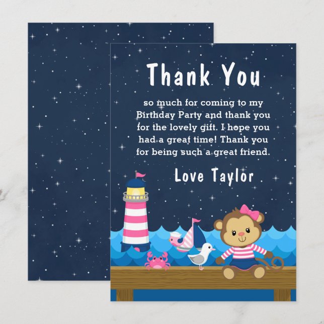 Nautical Girl Monkey Pink and Navy Birthday Party Thank You Card (Front/Back)