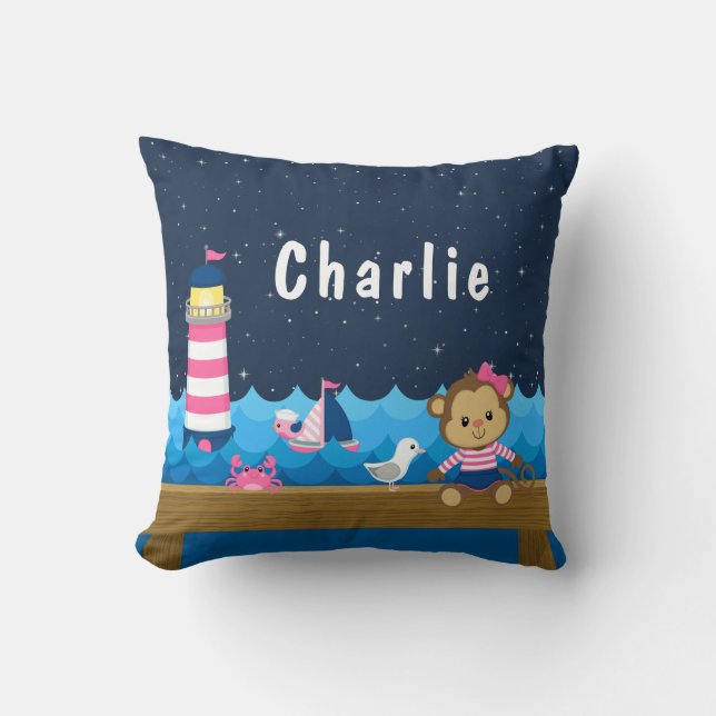 Nautical Girl Monkey Pink and Navy Cushion (Front)