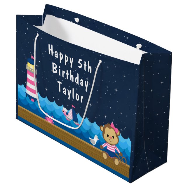 Nautical Girl Monkey Pink and Navy Happy Birthday Large Gift Bag (Front Angled)