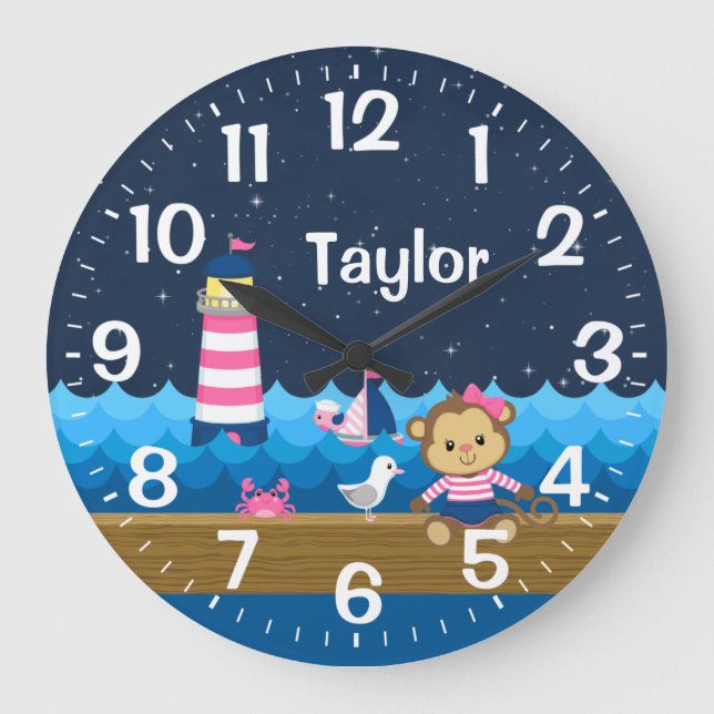 Nautical Girl Monkey Pink and Navy Large Clock (Front)