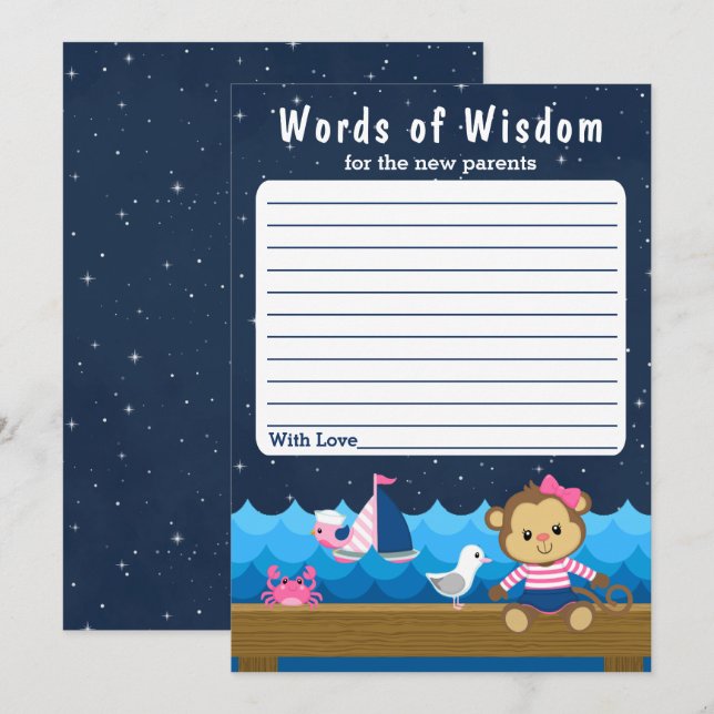 Nautical Girl Monkey Pink and Navy Words of Wisdom Invitation (Front/Back)