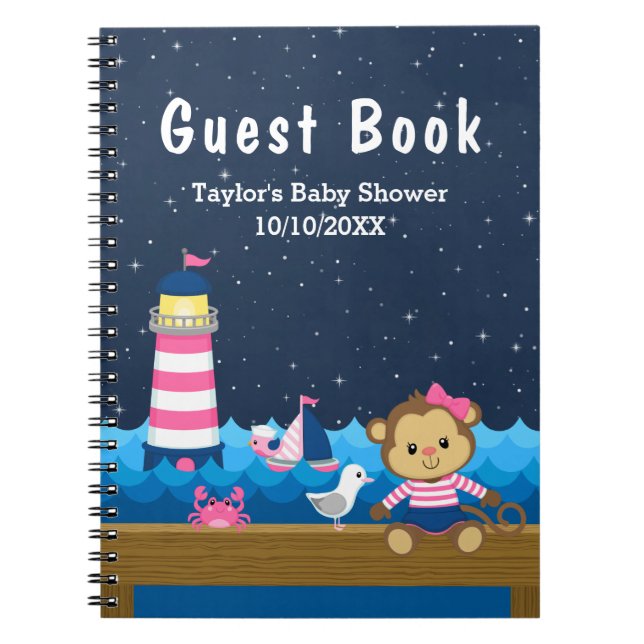 Nautical Girl Monkey Pink Baby Shower Guest Book (Front)