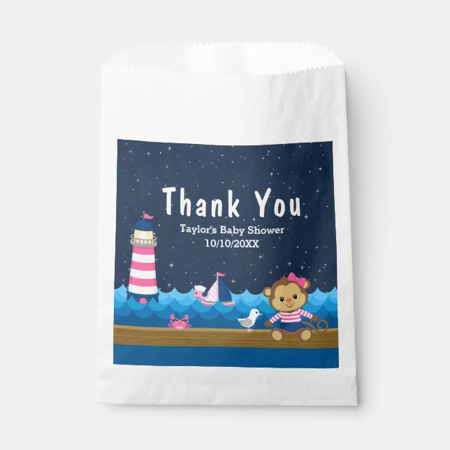 Nautical Girl Monkey Pink Baby Shower Thank You Favour Bags (Front)