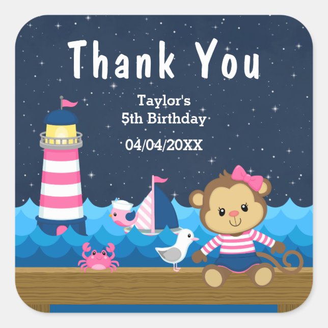 Nautical Girl Monkey Pink Birthday Party Thank You Square Sticker (Front)