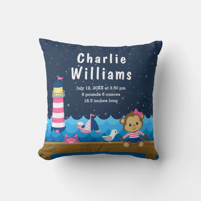 Nautical Girl Monkey Pink Navy Birth Statistics Cushion (Front)