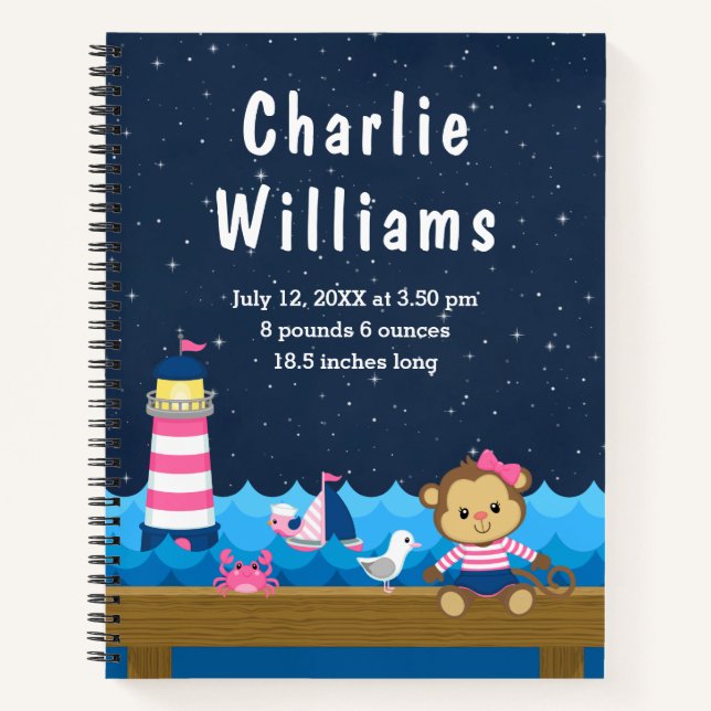Nautical Girl Monkey Pink Navy Birth Statistics Notebook (Front)