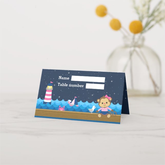 Nautical Girl Monkey Pink Navy Birthday Seating Place Card (Front)