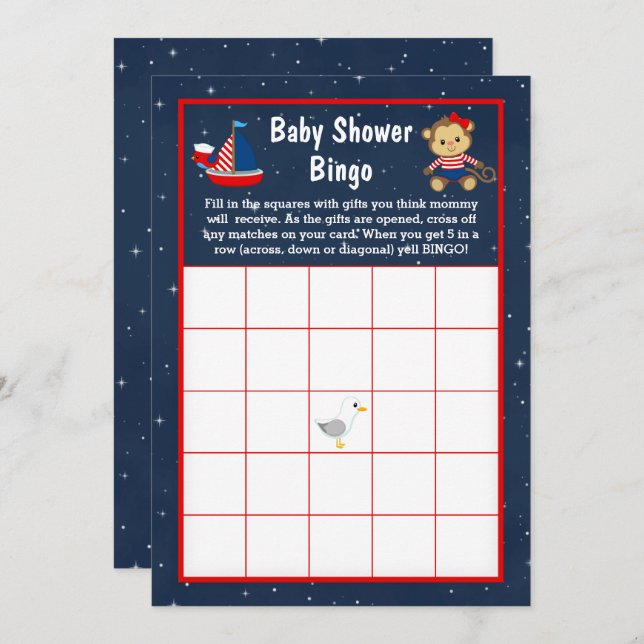 Nautical Girl Monkey Red and Navy Baby Bingo Invitation (Front/Back)