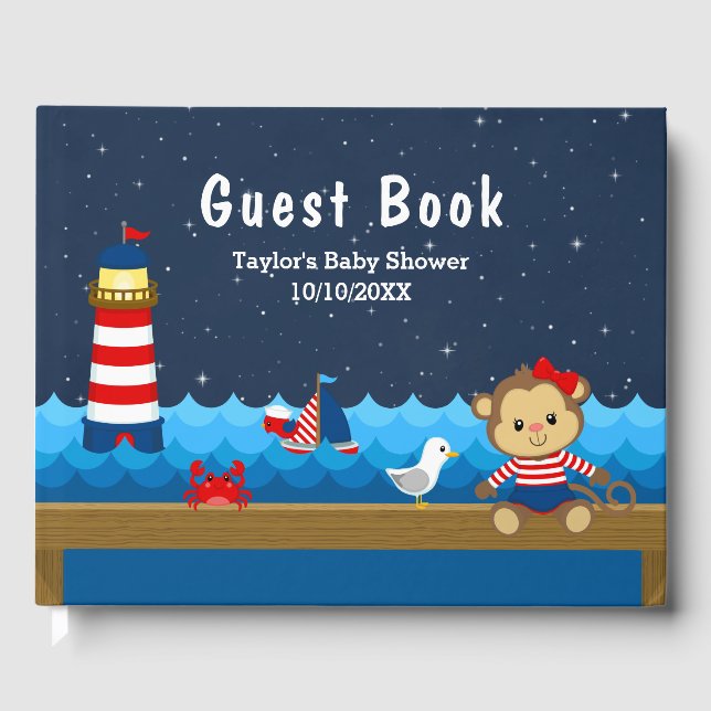 Nautical Girl Monkey Red and Navy Baby Shower Guest Book (Front)