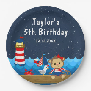 Nautical Girl Monkey Red and Navy Birthday Party Paper Plate