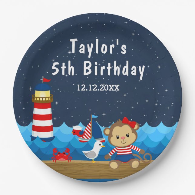 Nautical Girl Monkey Red and Navy Birthday Party Paper Plate (Front)