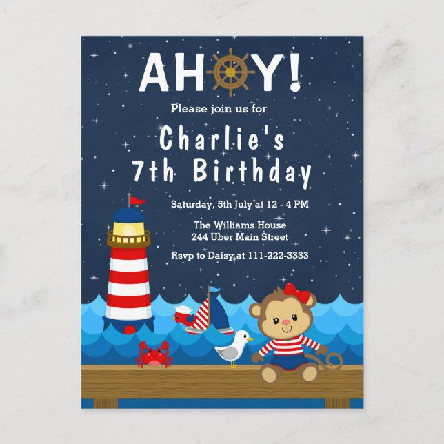 Nautical Girl Monkey Red and Navy Birthday Party Postcard (Front)