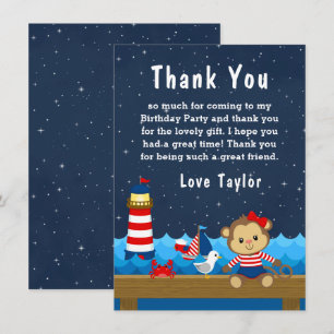 Nautical Girl Monkey Red and Navy Birthday Party Thank You Card