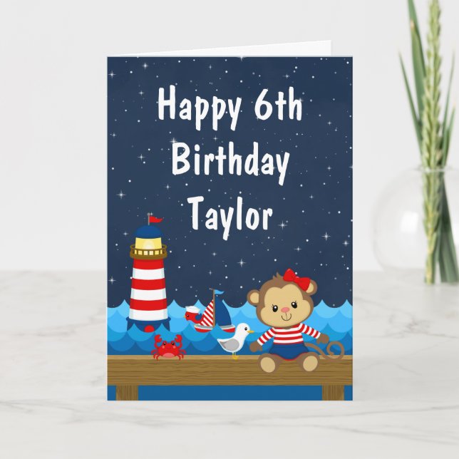 Nautical Girl Monkey Red and Navy Happy Birthday Card (Front)