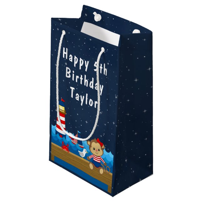 Nautical Girl Monkey Red and Navy Happy Birthday Small Gift Bag (Front Angled)