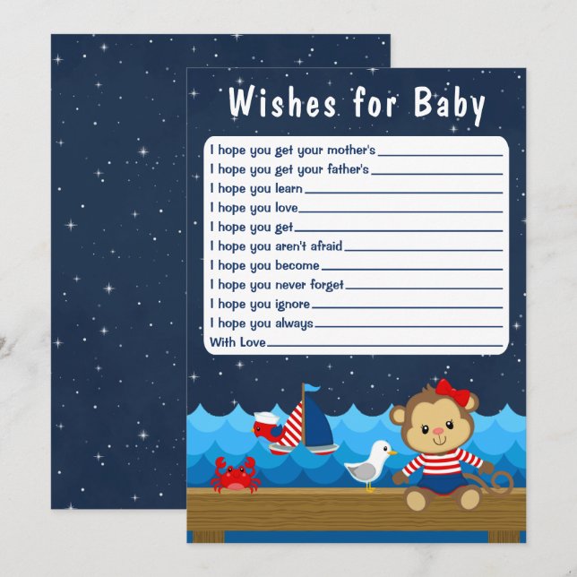 Nautical Girl Monkey Red and Navy Wishes For Baby Invitation (Front/Back)
