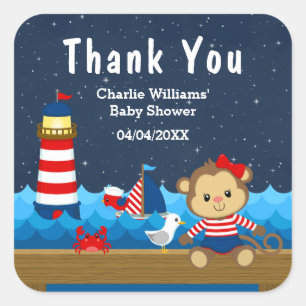 Nautical Girl Monkey Red Baby Shower Thank You Square Sticker