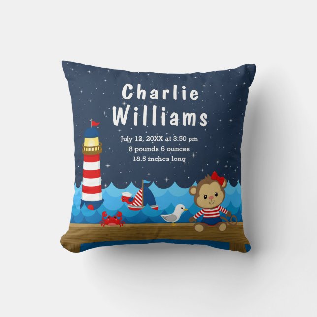 Nautical Girl Monkey Red Navy Birth Statistics Cushion (Front)
