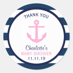Nautical GIRL Pink Navy Blue Baby Shower Favour Classic Round Sticker