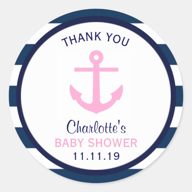 Nautical GIRL Pink Navy Blue Baby Shower Favour Classic Round Sticker (Front)