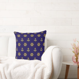 Nautical gold anchor and boat/ship wheel/navy blue cushion