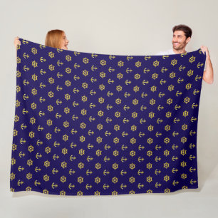 Nautical gold anchor and boat wheel, navy blue fleece blanket