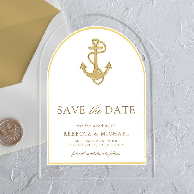 Nautical Gold Anchor Arch Wedding Save the Date Acrylic Invitations (Creator Uploaded)