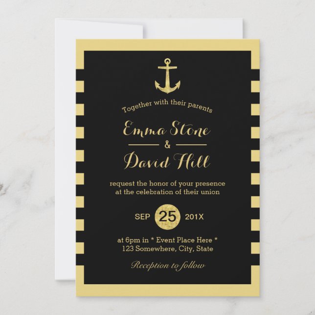 Nautical Gold Anchor Black & Gold Wedding Invitation (Front)