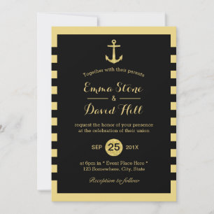 Nautical Gold Anchor Black & Gold Wedding Invitation