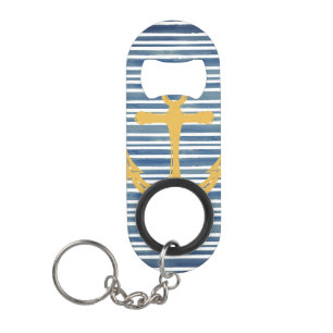 Nautical Gold Anchor Blue Stripes Bottle Opener