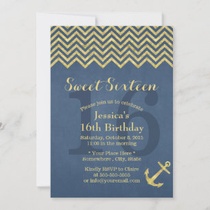 Nautical Gold Anchor Chevron Stripes Sweet 16 Invitation