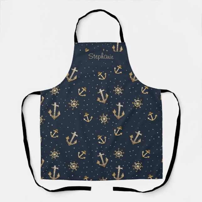 Nautical Gold Anchor & Helm Pattern on Blue Apron (Front)
