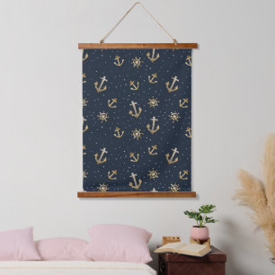 Nautical Gold Anchor & Helm Pattern on Blue Hanging Tapestry