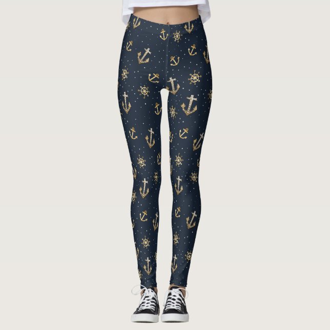 Nautical Gold Anchor & Helm Pattern on Blue Leggings (Front)