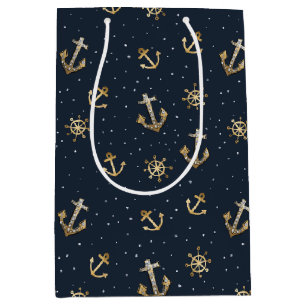 Nautical Gold Anchor & Helm Pattern on Blue Medium Gift Bag