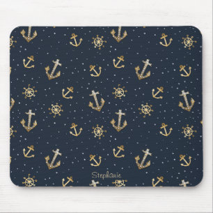 Nautical Gold Anchor & Helm Pattern on Blue Mouse Mat
