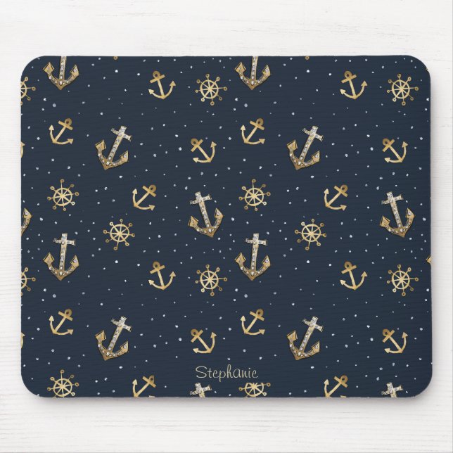 Nautical Gold Anchor & Helm Pattern on Blue Mouse Mat (Front)