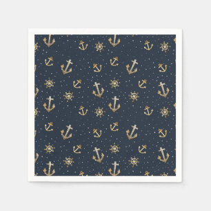 Nautical Gold Anchor & Helm Pattern on Blue Napkin