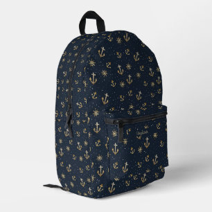 Nautical Gold Anchor & Helm Pattern on Blue Printed Backpack