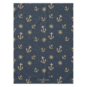 Nautical Gold Anchor & Helm Pattern on Blue Tablecloth