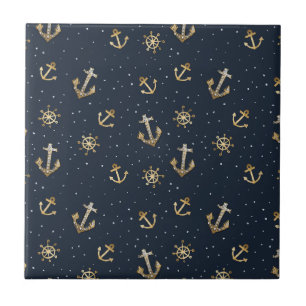 Nautical Gold Anchor & Helm Pattern on Blue Tile