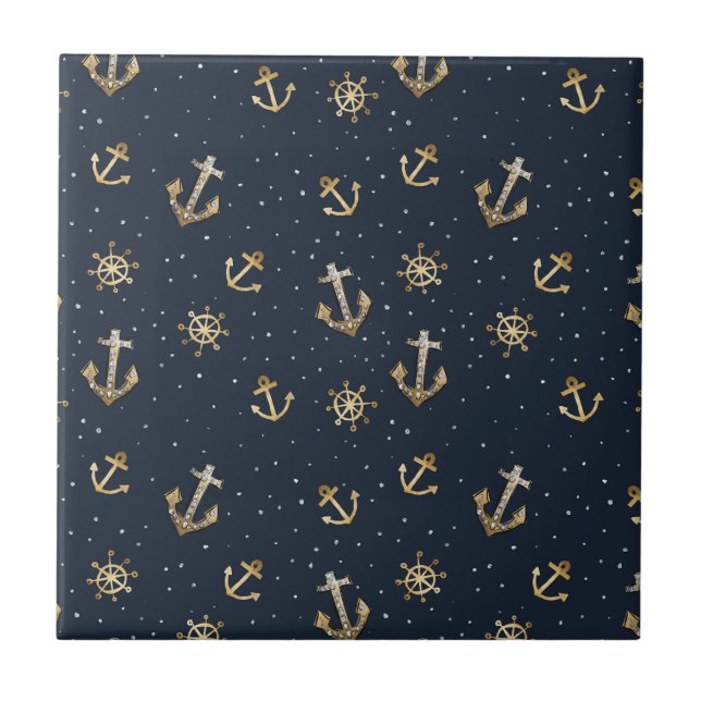 Nautical Gold Anchor & Helm Pattern on Blue Tile (Front)