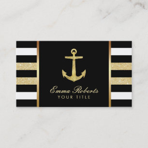 Nautical Gold Anchor Modern Stripes Business Card