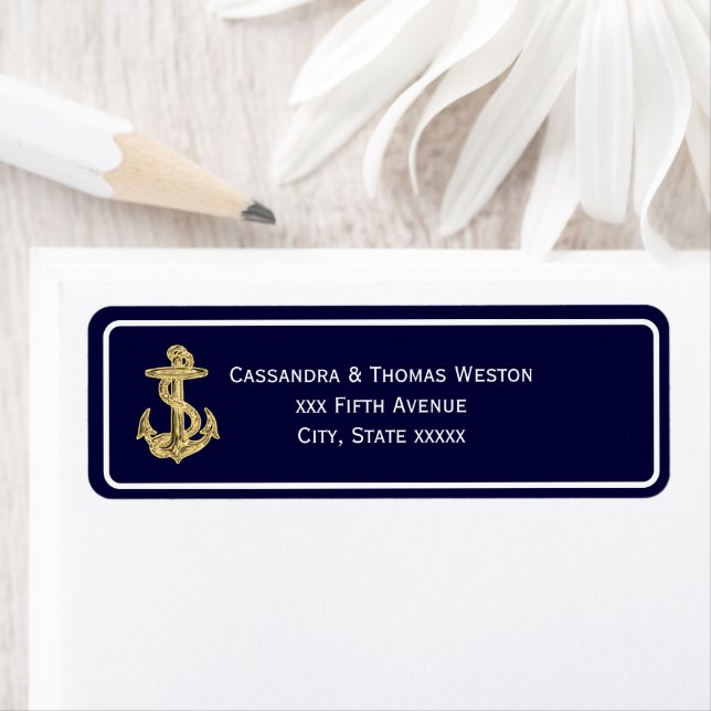 Nautical Gold Anchor Navy BG White Frame 2 Address (Insitu)