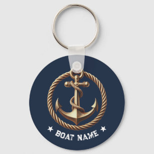 Nautical Gold Anchor Navy Blue Boat Name Key Ring