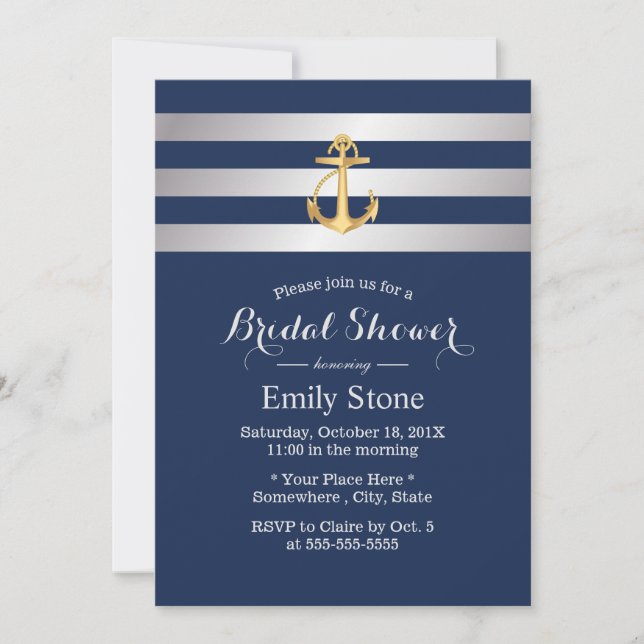 Nautical Gold Anchor Navy Blue Bridal Shower Invitation (Front)