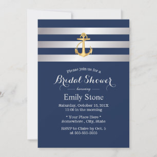 Nautical Gold Anchor Navy Blue Bridal Shower Invitation