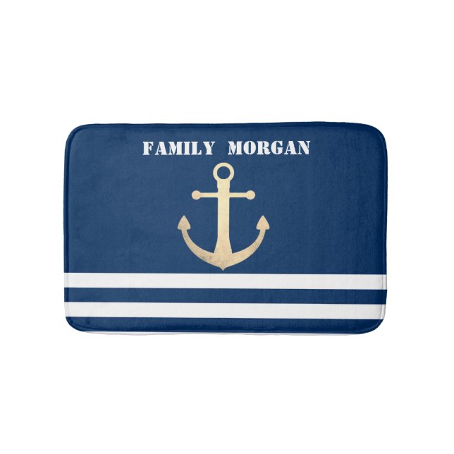 Nautical, Gold Anchor  Navy Blue Striped Bath Mat (Front)
