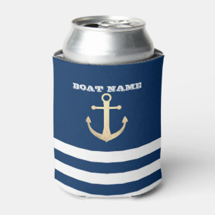 Nautical, Gold Anchor Navy Blue Striped Can Cooler